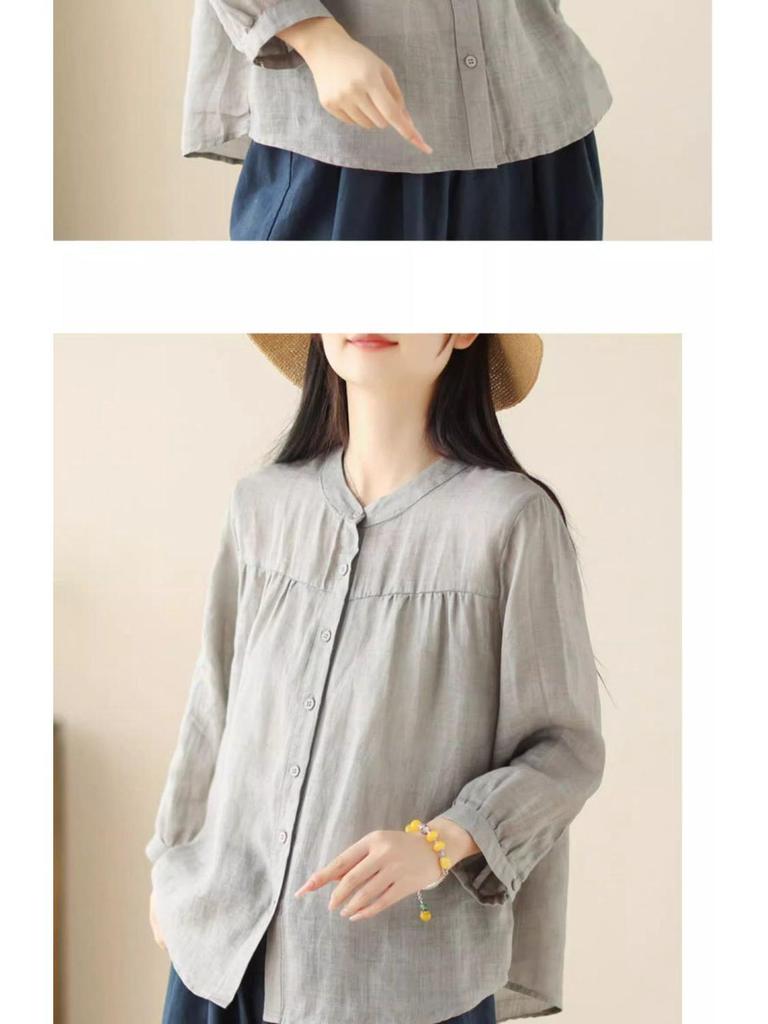 Summer Cotton Linen Casual Women's Blouse - Lightweight, Loose, and Slimming Seven-Sleeve Sunscreen Top
