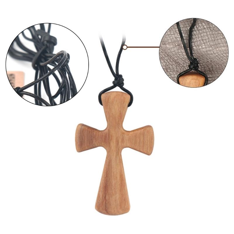 Hand-carved Tapered Wood Cross-shape Necklace Long Leather Rope Adjustable Olive Wood Pendant for Boys Girls Men Women