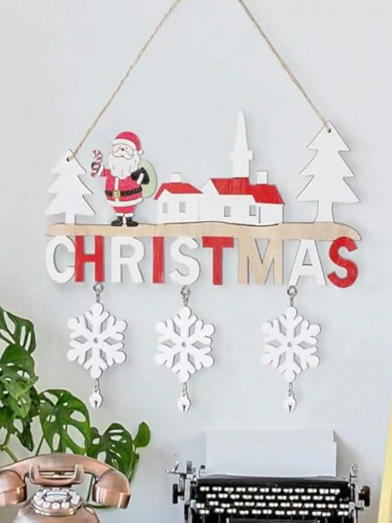 Christmas Decorations with Bells and Snowflakes Creative Pendants Home Dining Room Christmas Wooden Crafts Door Hanging