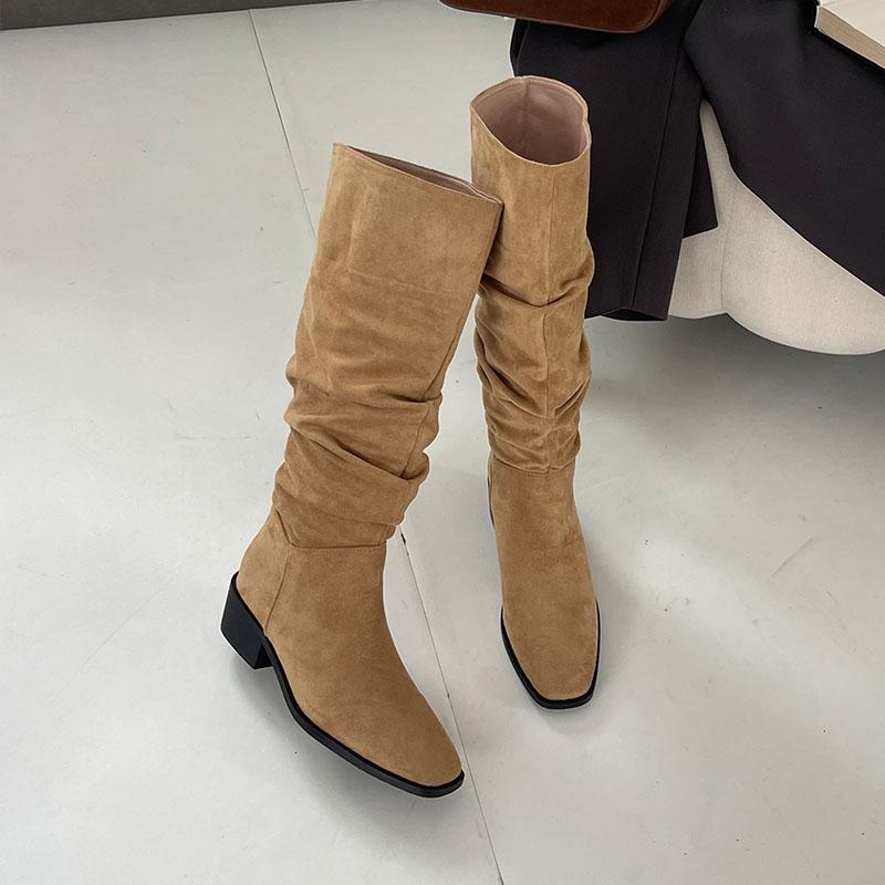 Mode Mode Flock Damen Kniehohe Stiefel Mit Blockabsatz Schuhe Damen Slip On Damen Moderne Lange Stiefel Schuhe Große Größe 43