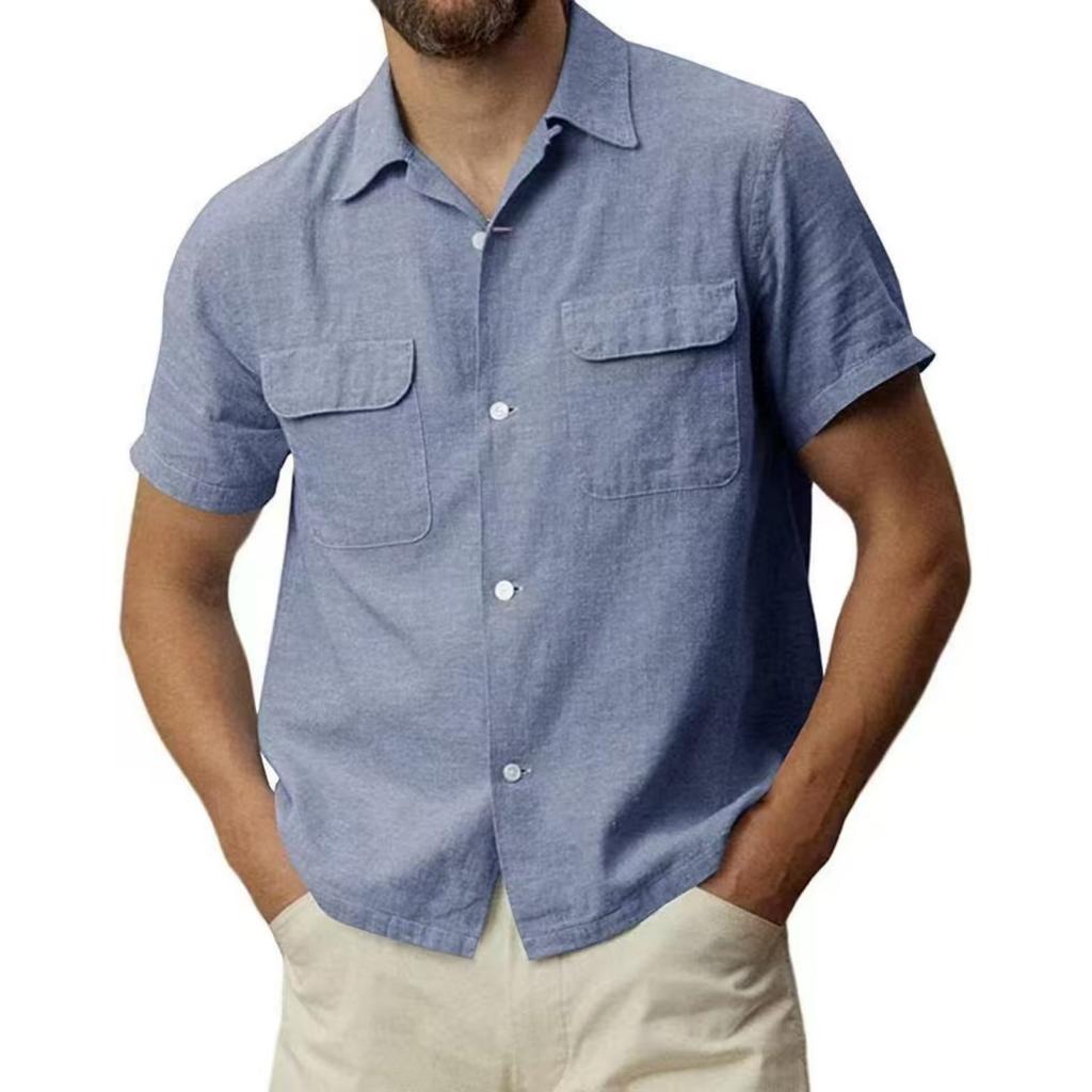Camicia Casual da Uomo a Maniche Corte Monocolore con Bottoni, Top da Uomo in Cotone e Lino con Tasca e Revers