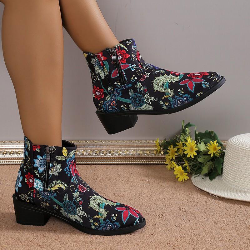 Fashion Embroidered Ankle Boots, Knight Boots, Thick Heels, 40-43