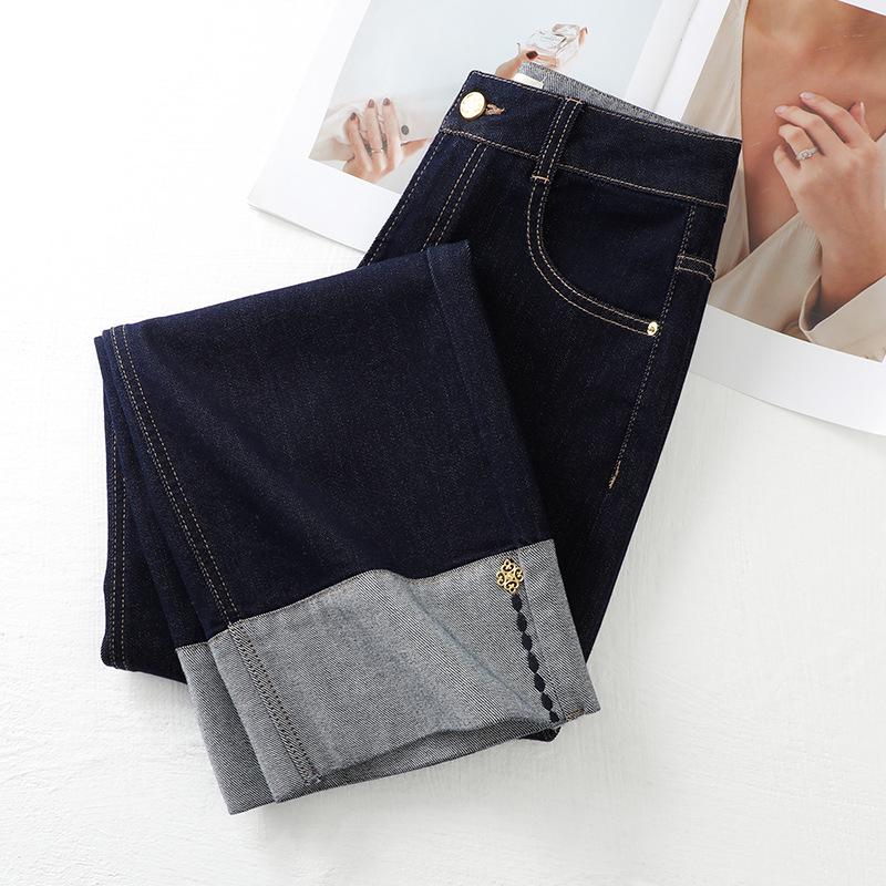 Women's Dark Blue High-Waisted Straight-Leg Jeans with Turn-Up Cuffs - New 2025 Spring/Autumn Slim Fit and Loose Wide-Leg Style