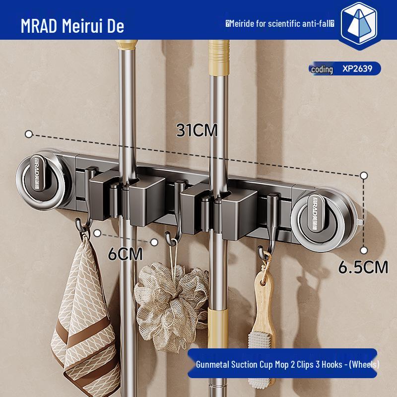 Movable Suction Cup Mop Clip Wall-Mount Storage Rack