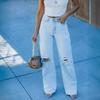Jeans Larghi a Vita Media da Donna Strappati Lavaggio Chiaro Usurati con Fori Sfilacciati Pantaloni Lunghi Casual in Denim