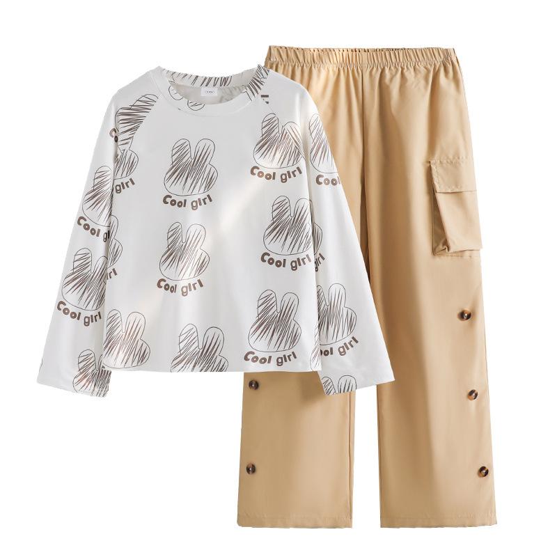 Girls' Big Kids Outfit Children's Clothing Autumn New Rabbit English Print Long Sleeve T-Shirt Top Casual Wide-Leg Pants