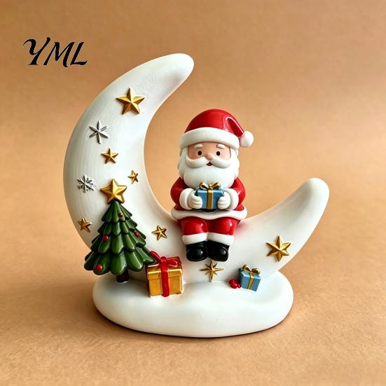 Holiday Party Supplies Christmas Moon Night Light with Santa Claus, Resin Decoration Warm LED Atmosphere Lighting Glow, Tabletop Ornament for
