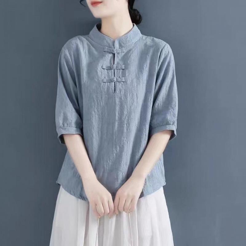 Cotton and Linen Loose T-shirt Retro Large Size Disc Button Mid-sleeved Shirt Women's Chinese Style Stand-up Collar Zen Tea Service Loose Pullover