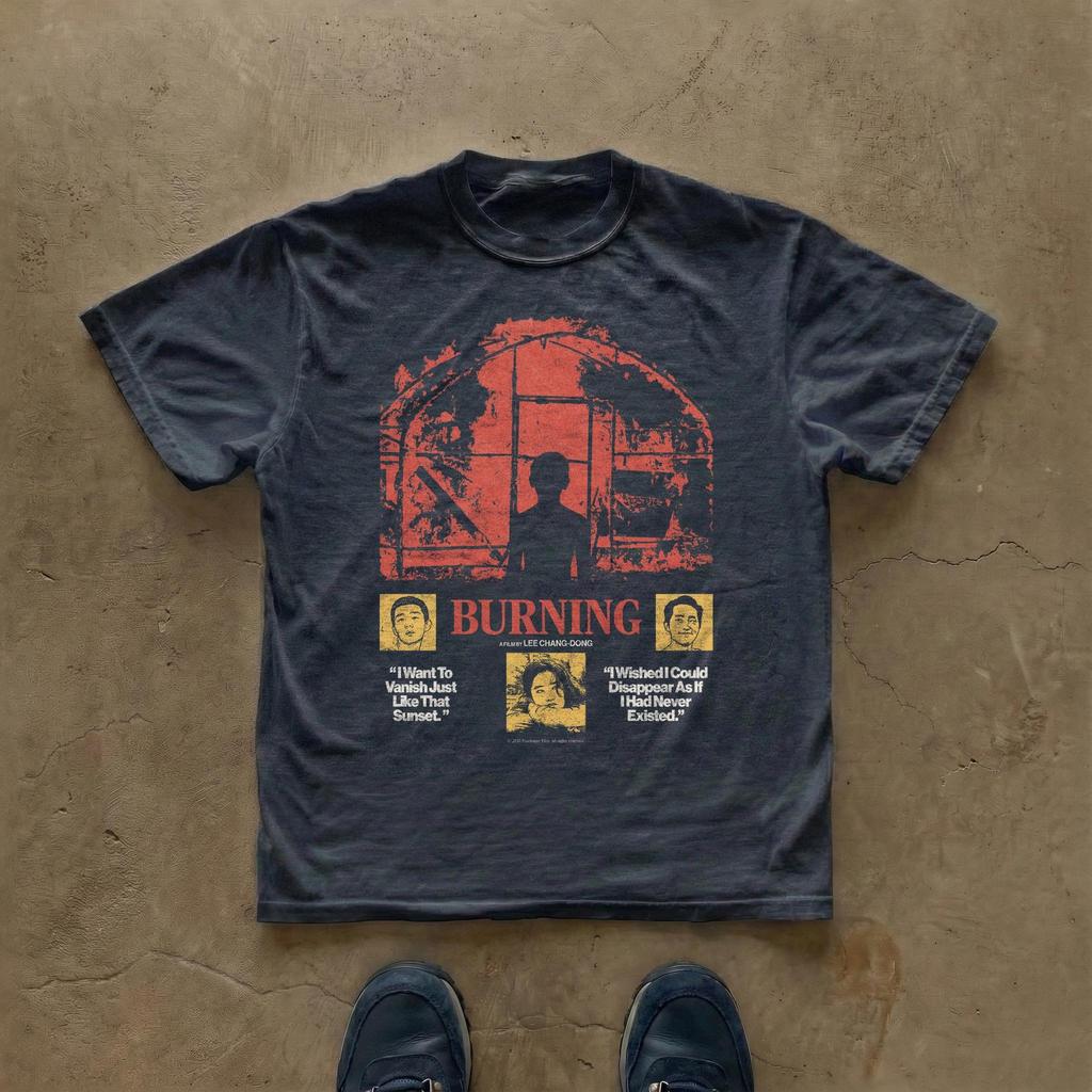 Sommer Herren Reines Baumwoll Vintage Verbranntes Filmplakat T-Shirt Lässig Stilvoll Locker und Atmungsaktiv Geeignet für den Alltag