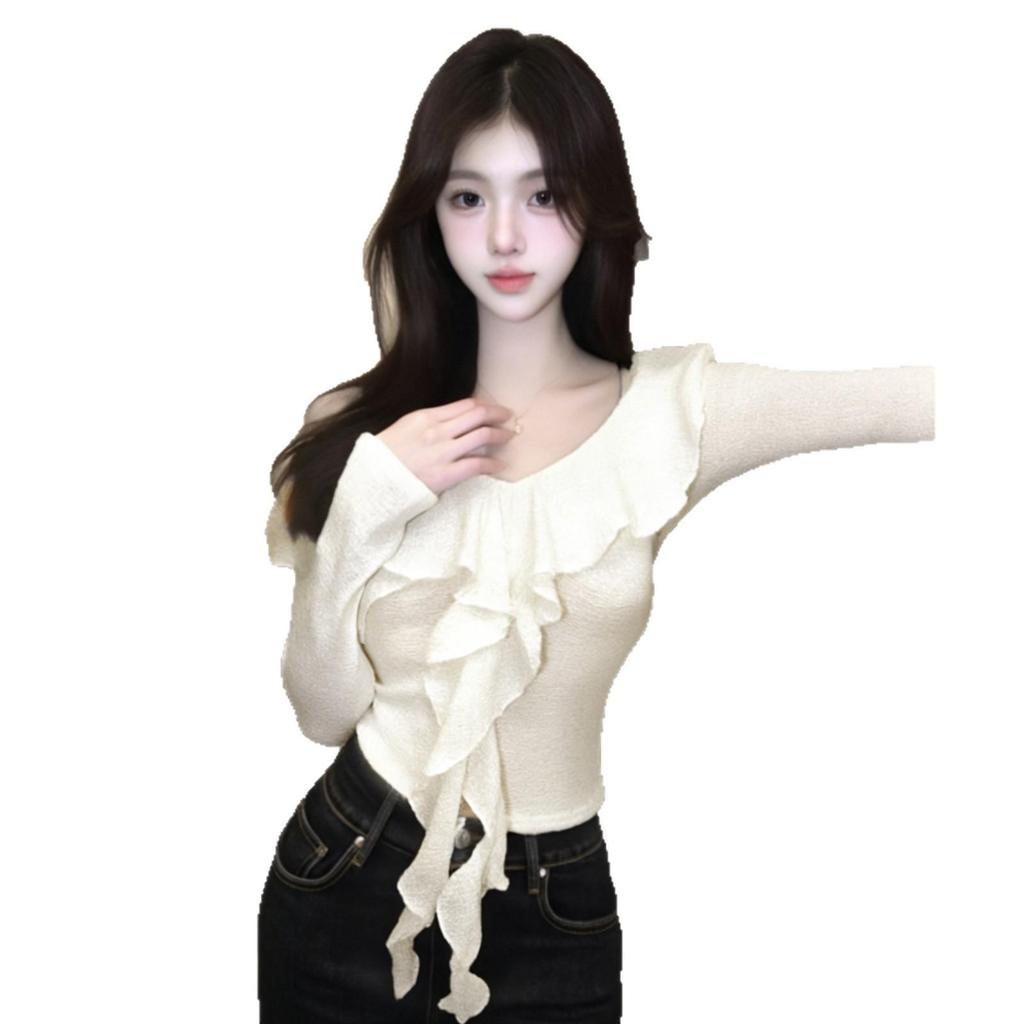 2026 Damen Petite Off-Shoulder Rüschen-Oberteil - Frühling/Herbst Slim Fit, Tailliert, Vielseitig