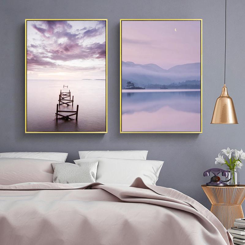 Purple Sunset Nature Landscape Art Poster Starry Night Foggy Mountain Canvas Painting Wall Print Nordic Home Decoration Picture