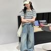 Gestreiftes Polo-Shirt und Jeans-Hose mit weitem Bein für Mädchen - Koreanischer Stil Lässige Sommer-Mode