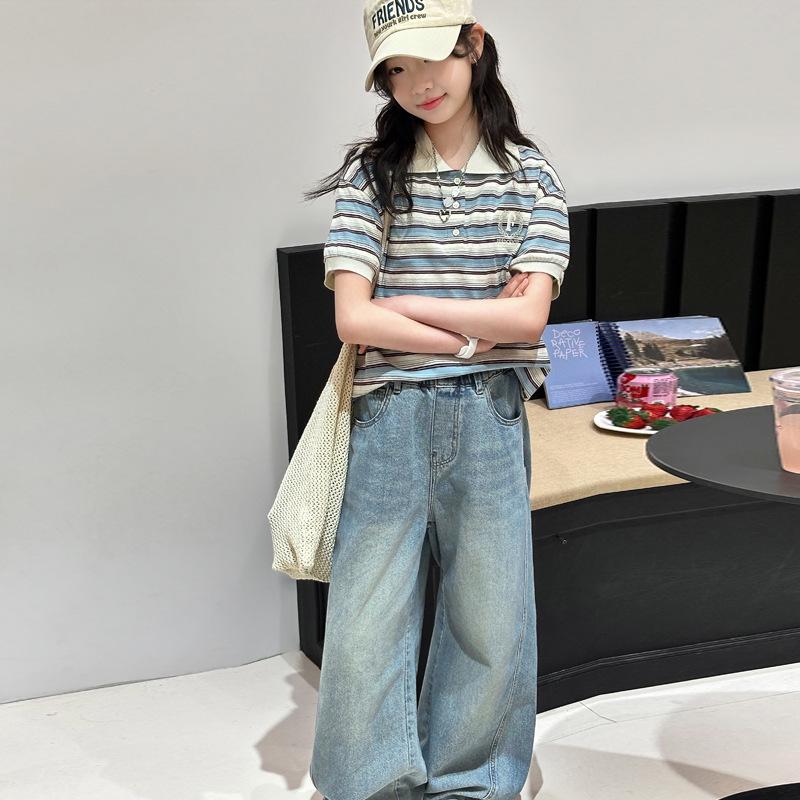 Gestreiftes Polo-Shirt und Jeans-Hose mit weitem Bein für Mädchen - Koreanischer Stil Lässige Sommer-Mode