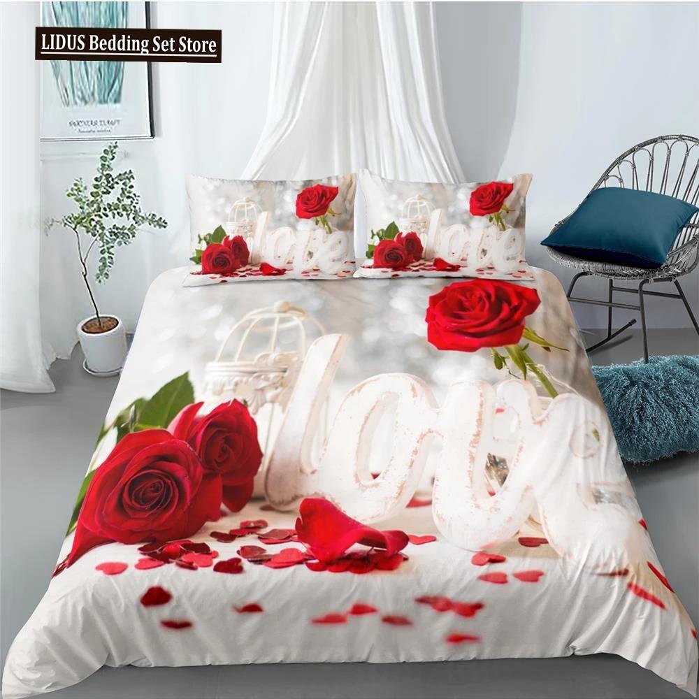 

Комплект постельного белья с розами, красные и белые розы, комплект постельного белья для влюбленных, полиэстеровый пододеяльник, подарок на День святого Валентина, размер King Size 70x133cm 2pcs