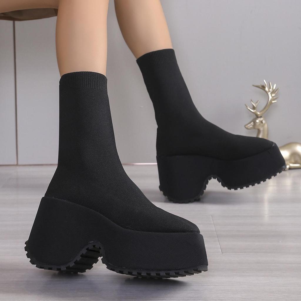 Herbst 2025 Strick Elastische Slip-On Stiefel mit klobigem Absatz für Damen in Übergröße