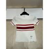 Brand New Embroidered Stripe Color Block Round Neck Knit Short Sleeve Summer Slim Fashion Top