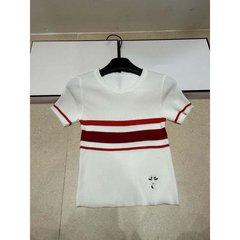 Brand New Embroidered Stripe Color Block Round Neck Knit Short Sleeve Summer Slim Fashion Top