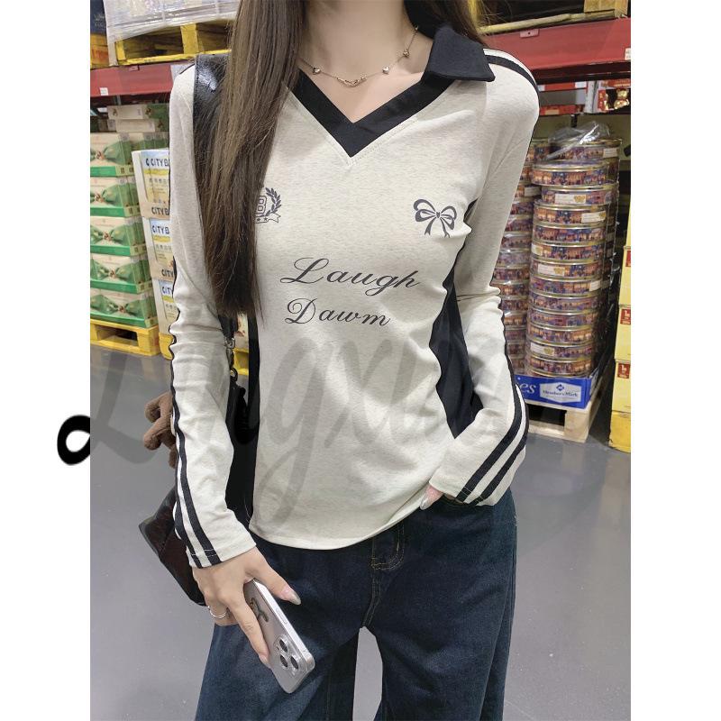 

Korean Spring Style Stripe Polo Collar Contrast Long Sleeve T-Shirt Extra Large сірий колір
