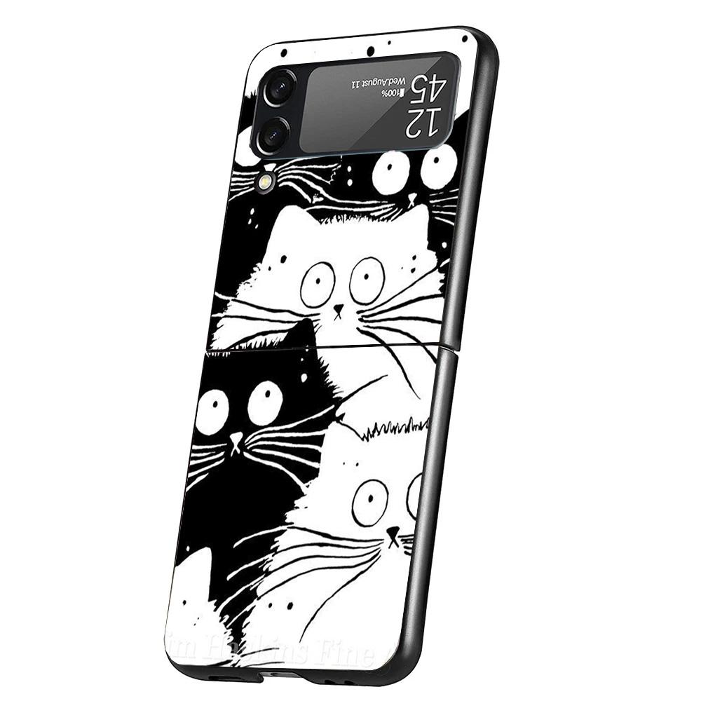 Cat Cute Kitten Cartoon Case Phone Cover for Samsung Galaxy Z Flip 7 6 5 4 3 5G ZFlip7 ZFlip6 ZFlip5 ZFlip4 ZFlip3 Black Fundas