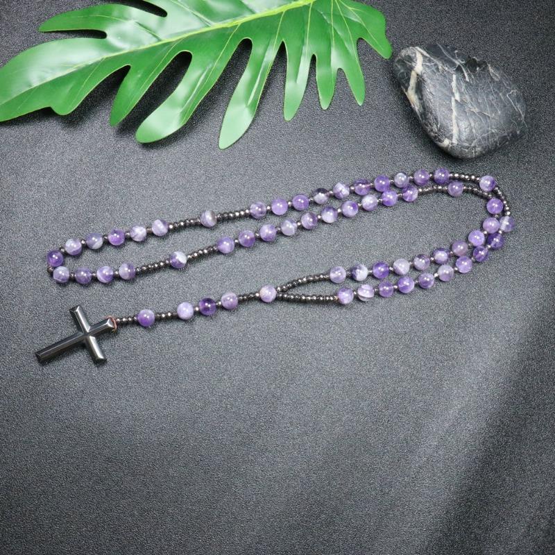 Amethist Rozenkrans Ketting – Roestvrij Staal Kruis Hanger, Kalme Intuïtie Bescherming Cadeau voor Vrouwen