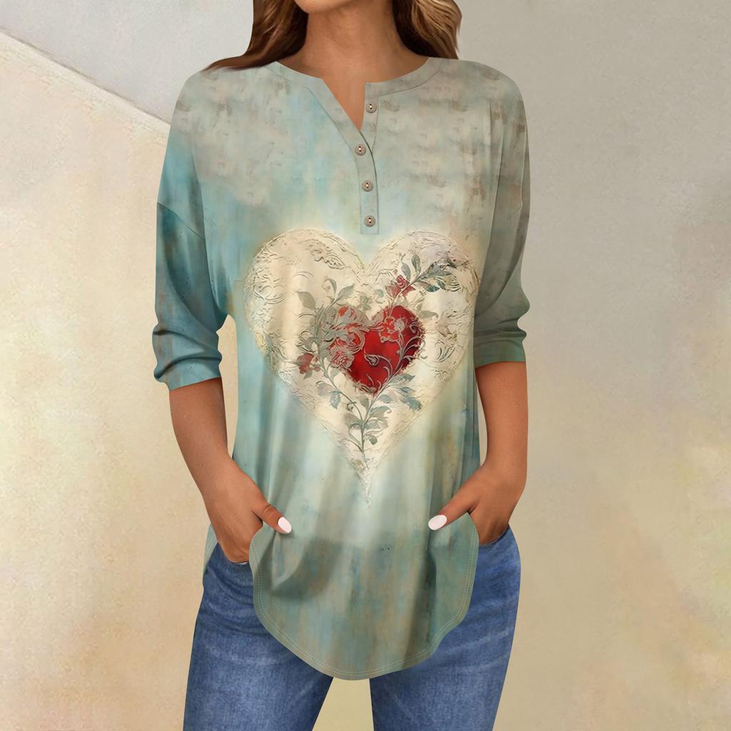 Tee Shirts For Women Fall Casual 3/4 Long Sleeve Button Shirts Sweatshirt Vintage  Top Pullover