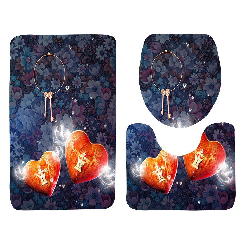 Rose Petal Series Printed Toilet Floor Mat Three-piece Bathroom Slip Carpet Set