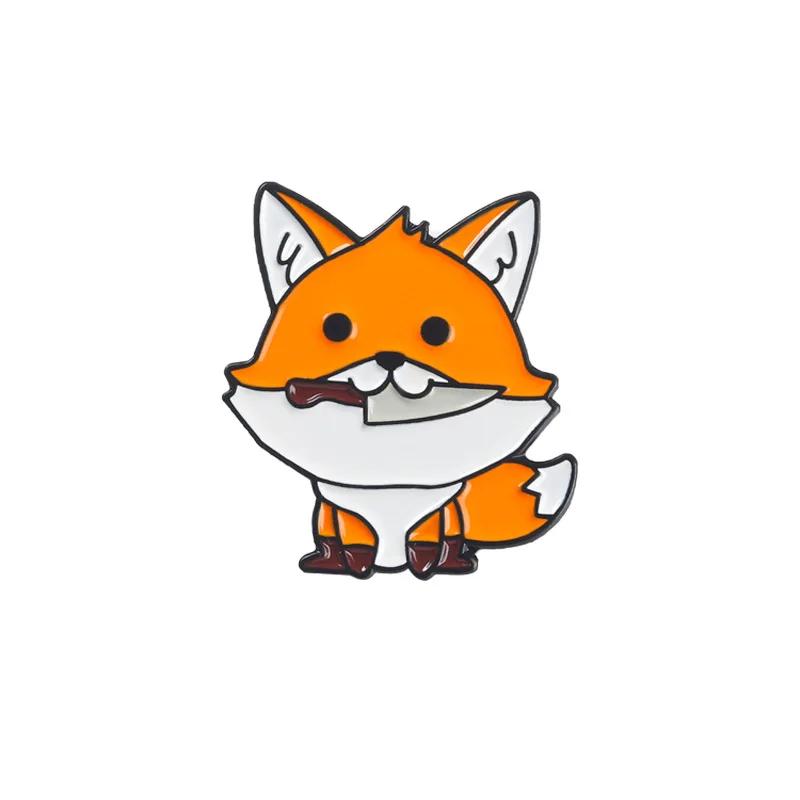 Funny Cartoon Fox Knife Art Brooches Enamel Metal Badges Animal Pins Backpack Hat Shirt Lapel Pin for Kids Women Bag Clothes DIY