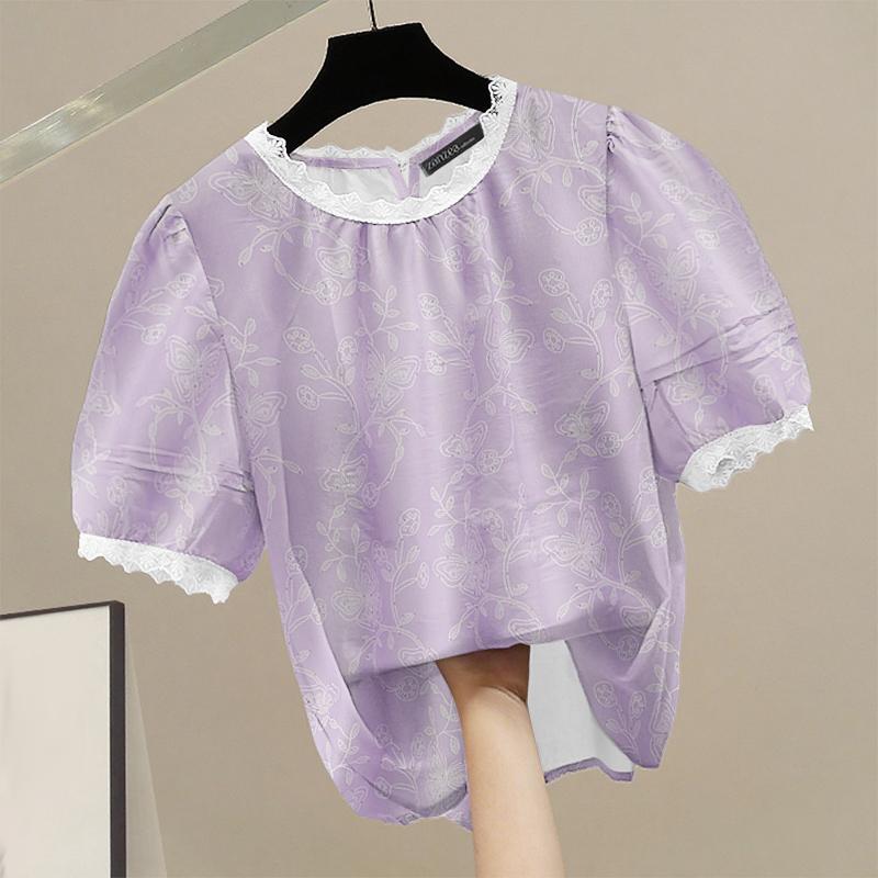 

ZANZEA Женская летняя повседневная блузка с круглым вырезом, свободная, с коротким рукавом XL фиолетовый