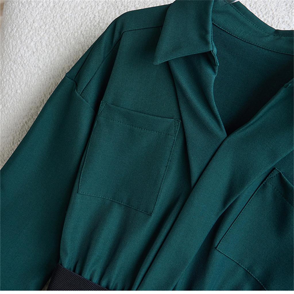 Solid Green Lace Splice One Piece Shirt Dress for Women Elegant Turn Down Collar Long Sleeve Belt Slim A-line Dress