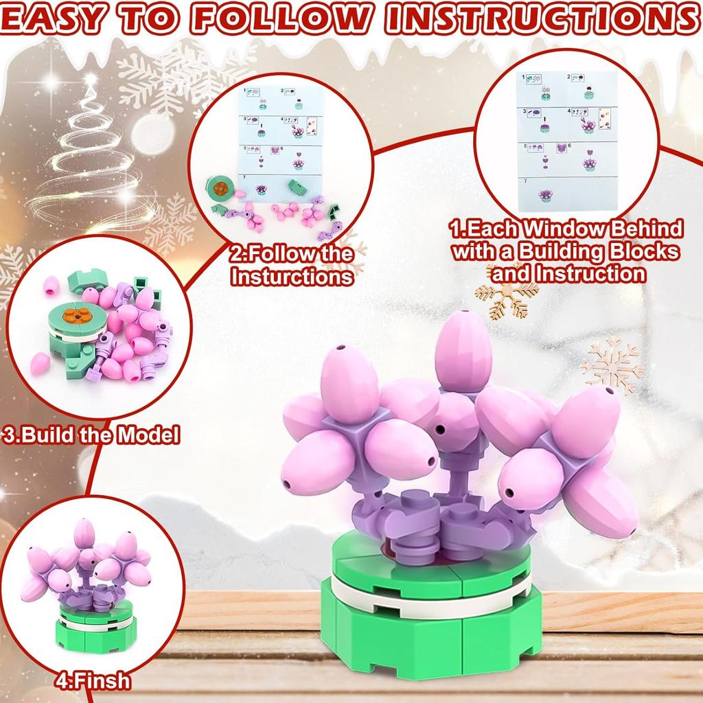 Advent Calendar 2025 24 Kinds of Building Block Flowers and Succulents for Kids, 24 Days of Christmas Countdown Building Blocks
