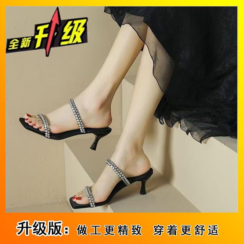 Rhinestone Square Head Thin Heel with Sandals Women's Summer 2025 New Wear European and American Niche High-end Single Shoes