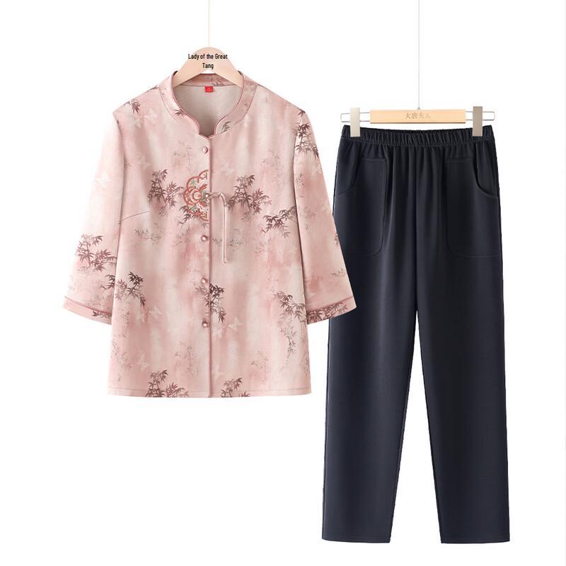 Elegant Breathable Stand-Collar Shirt Set for Elderly Women 3XL