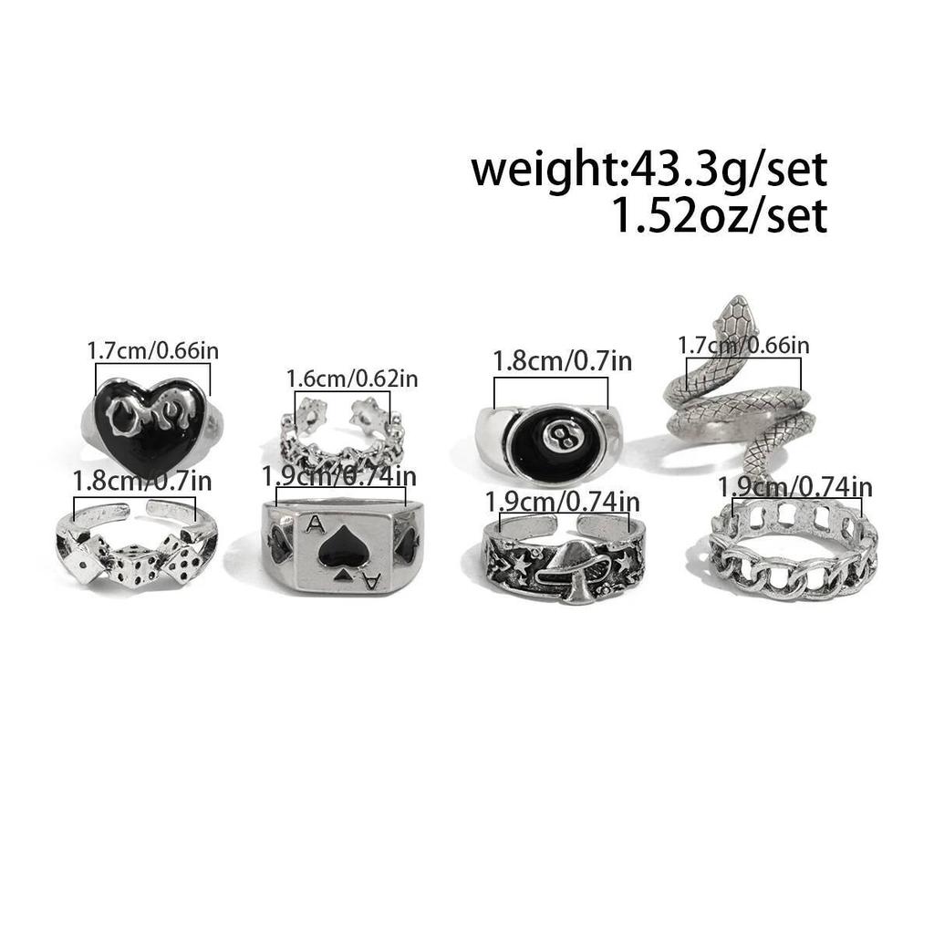 IngeSight.Z 8Pcs Vintage Punk Dice Love Heart Ring Women Gothic Creative Silver Color Metal Finger Rings Jewelry Halloween Gift
