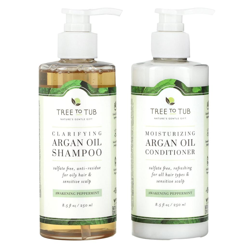 Tree To Tub Set Șampon și Balsam, Clarifiant Ulei de Argan, Mentă Revigorantă, Set de 2, 8.5 fl oz (250 ml) fiecare