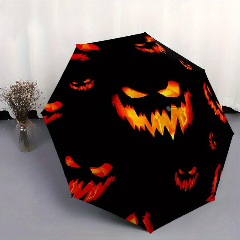 1pc Pumpkin Faces Automatic Open/close Folding Compact Umbrella, 8-Rib Sturdy Canopy, Lightweight Portable, Everyday Use, Gift,094