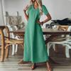 Women's Fashion V-Neck Short Sleeve Solid Color Zipper Casual Vacation Long Dress Cotton Linen Dresses