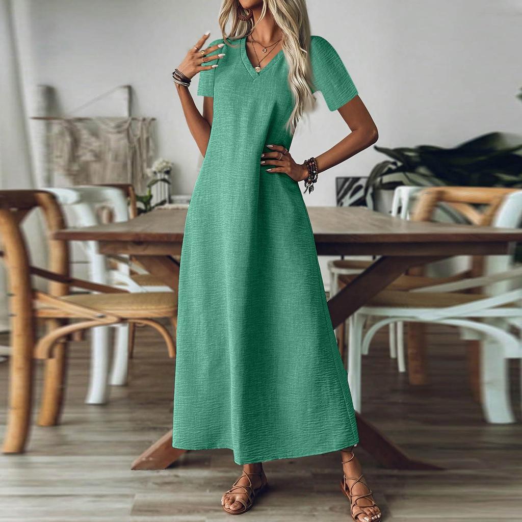 Women's Fashion V-Neck Short Sleeve Solid Color Zipper Casual Vacation Long Dress Cotton Linen Dresses