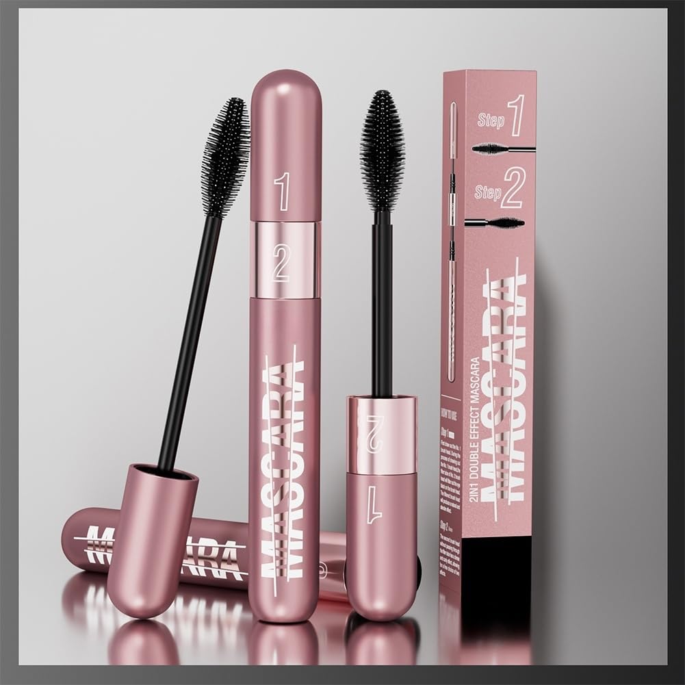 LiangNiShi 2 w 1 maskara podwójny wodoodporny film wydłużająca objętość trwała lekka zbrylona polecana dla początkujących efekt, typ, & up, podkręcenie,