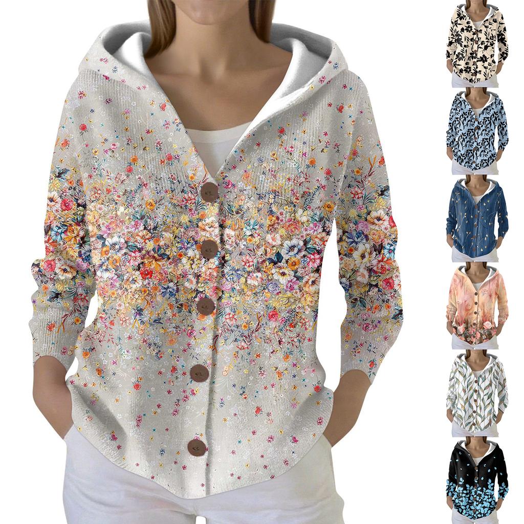 Women's Fashion Casual Sweater Button-Up Print Cardigan  Hooded Jacket