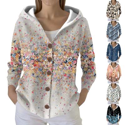 Cardigan Imprimé à Boutons Pull Décontracté Mode Femme Veste à Capuche