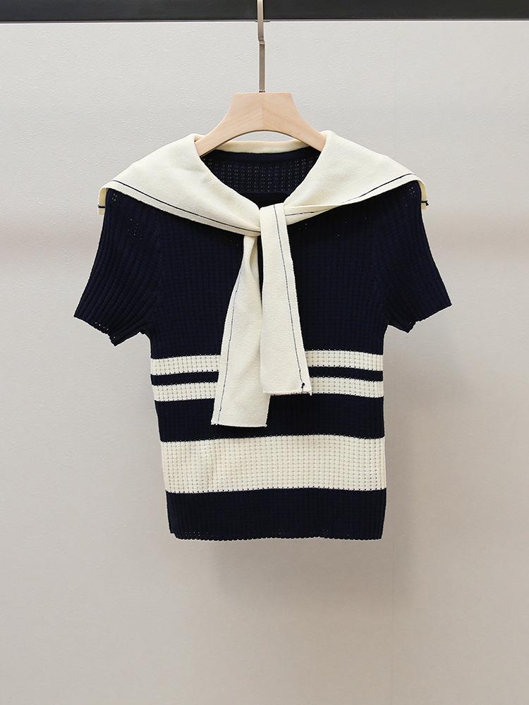 

High-End Women s Autumn French Korean Color Block Navy Collar Cape Short Sleeve Knitted Top Medium темно-синього кольору
