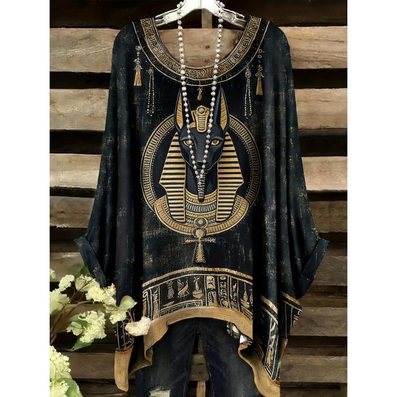 Fashion New Arrival Plus Size Bastet Egyptian Cat Goddess Print Women's Top Elegant Casual Style Round Neck Long Sleeve T-Shirt