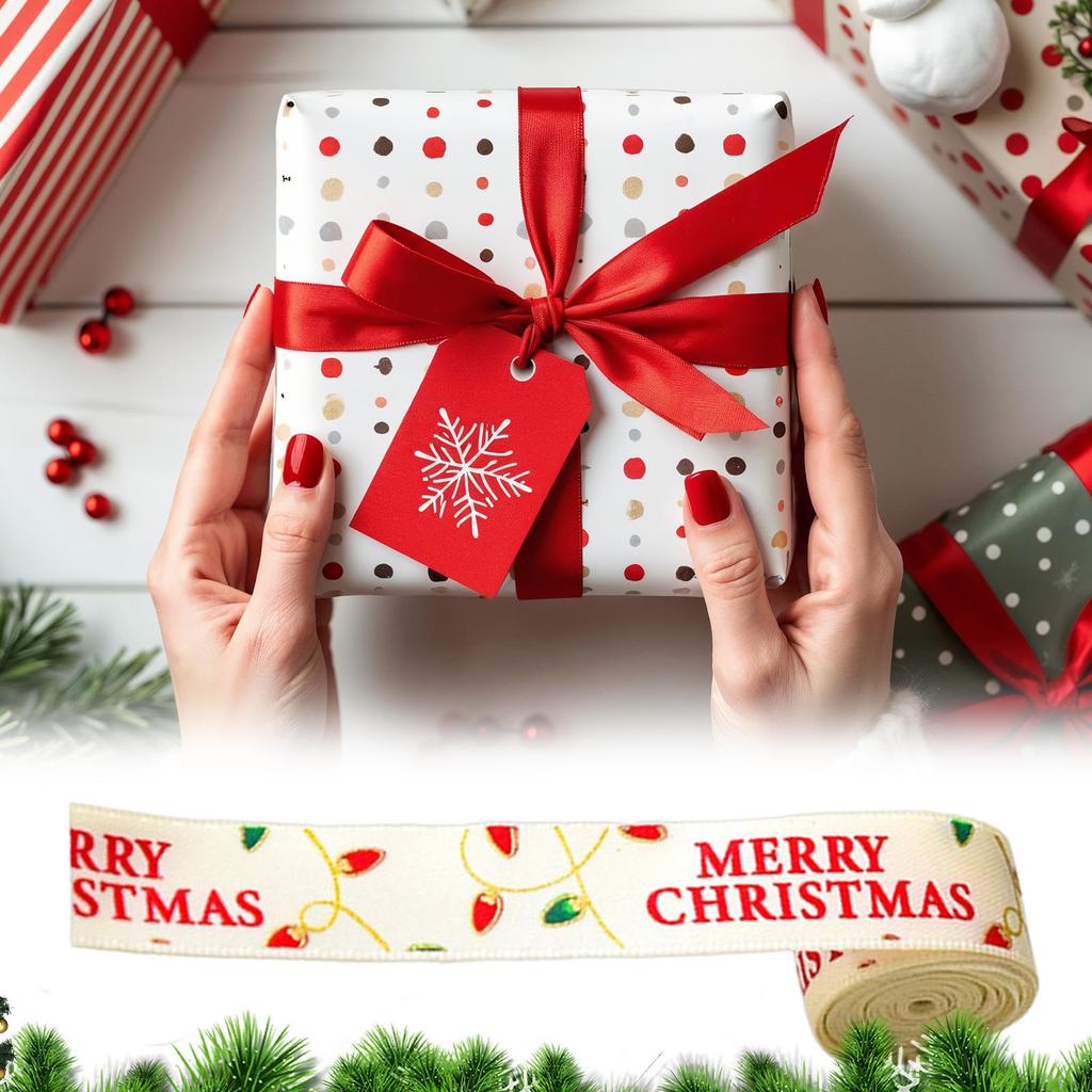 2.2 Yards Christmas Ribbon Printed Christmas Polyester Ribbon Handmade Gift Packaging Holiday Ribbon Christmas Tree Decorations