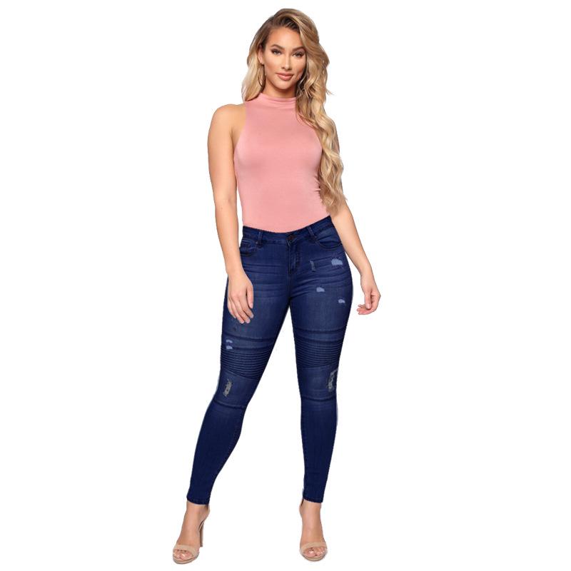 

Women s Vintage Washed Blue Ripped Denim Long Pants - Spring/Summer Collection S темно-синий