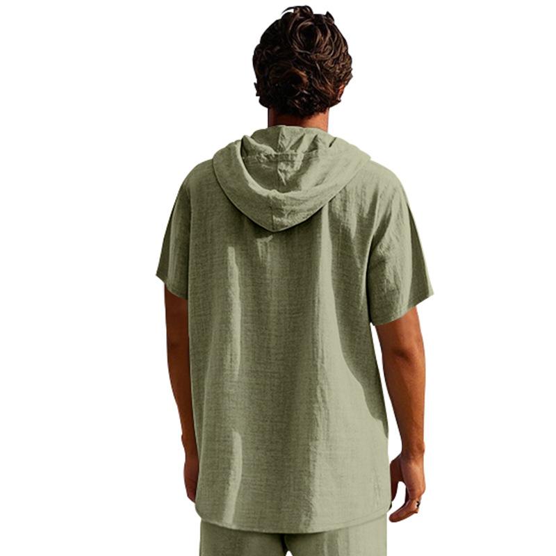 Herren Heiß Verkauft Amerikanisches Sommer Leinenhemd, Einfaches Lockeres Freizeit Kapuzen Henley Kurzarm T-Shirt