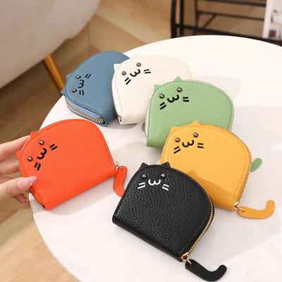Portamonete con gatto dei cartoni animati, grazioso portamonete in pelle PU con motivo a litchi e ricamo a forma di gatto, portamonete, portachiavi, porta carte di credito, portatile, con cerniera.