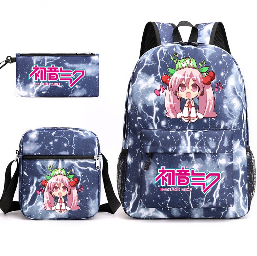 3Pcs/set Anime Cartoon Hatsune Miku Printed Backpack with Shoulder Bag Pencil Case for Teenager Student Boy Girl Large Capacity Waterproof School Bag