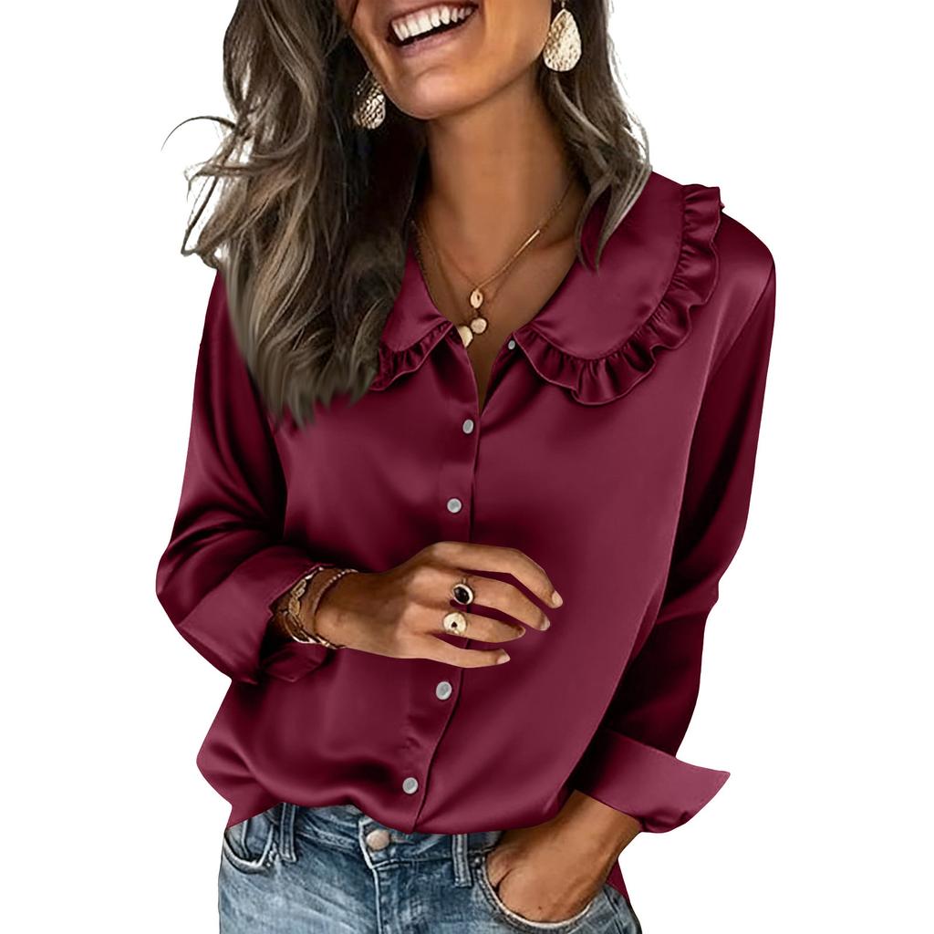 Womens Silk Satin Tops Ruffle Lapel Collar Button Down Shirts Casual Long Sleeve Business Dressy Luxury Clothes
