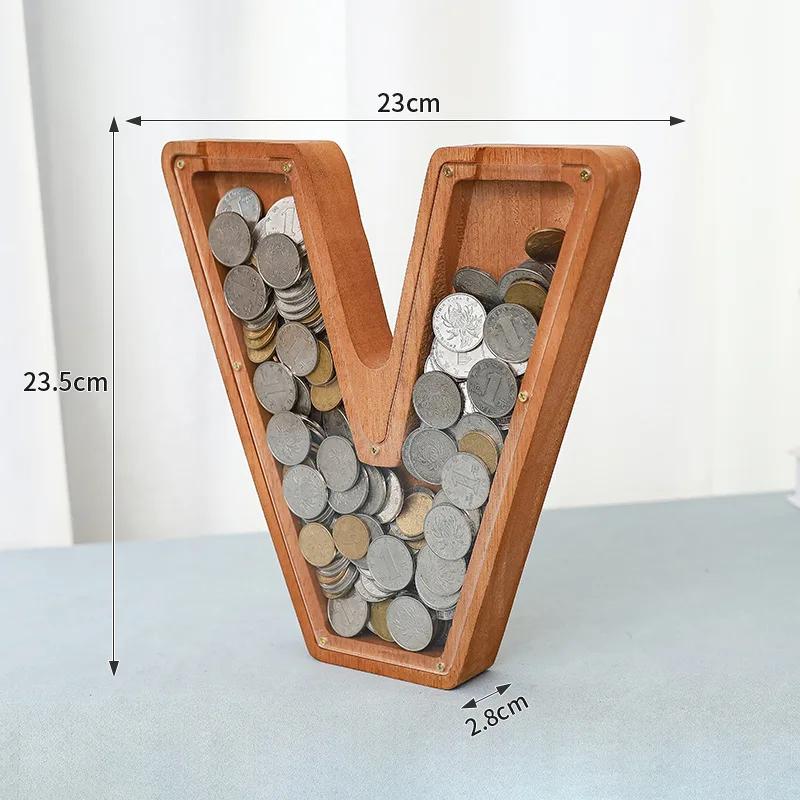 23cm Large Size Twenty-six Letter Piggy Bank Wooden Coin Money Saving Box Jar Coin Storage Box Desktop Ornament Home Decor Craft
