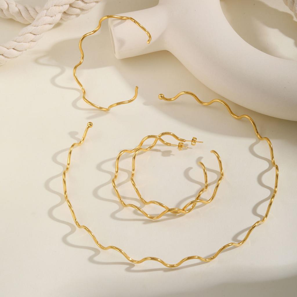 Vnox Minimalist Stainless Steel Line Wave Necklace Choker For Women,Gold Plated Large Hoop,Fashion Ear Hand Neck Jewelry Set
